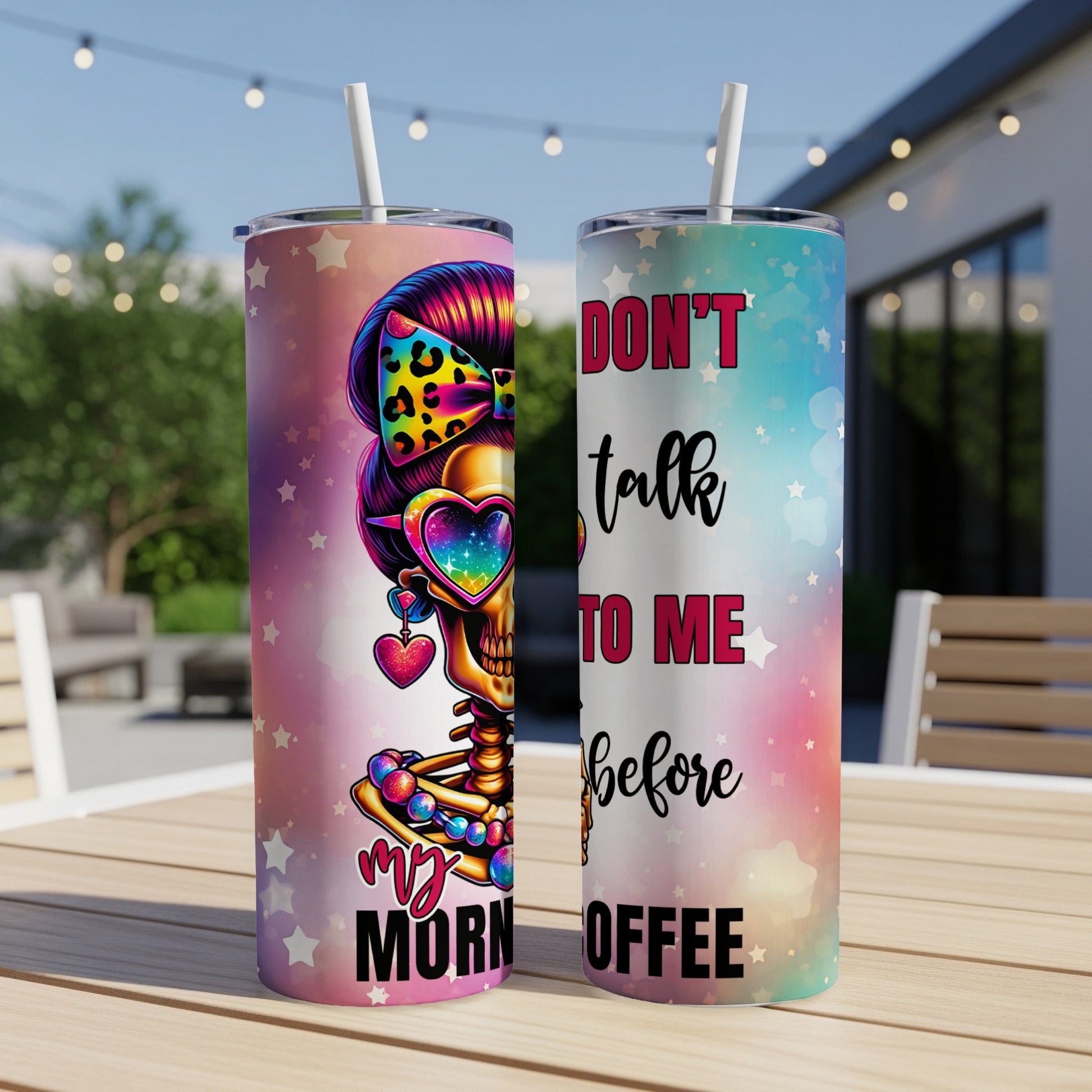 Skeleton in sunglasses with colorful bow, "Don't talk to me before coffee" text.