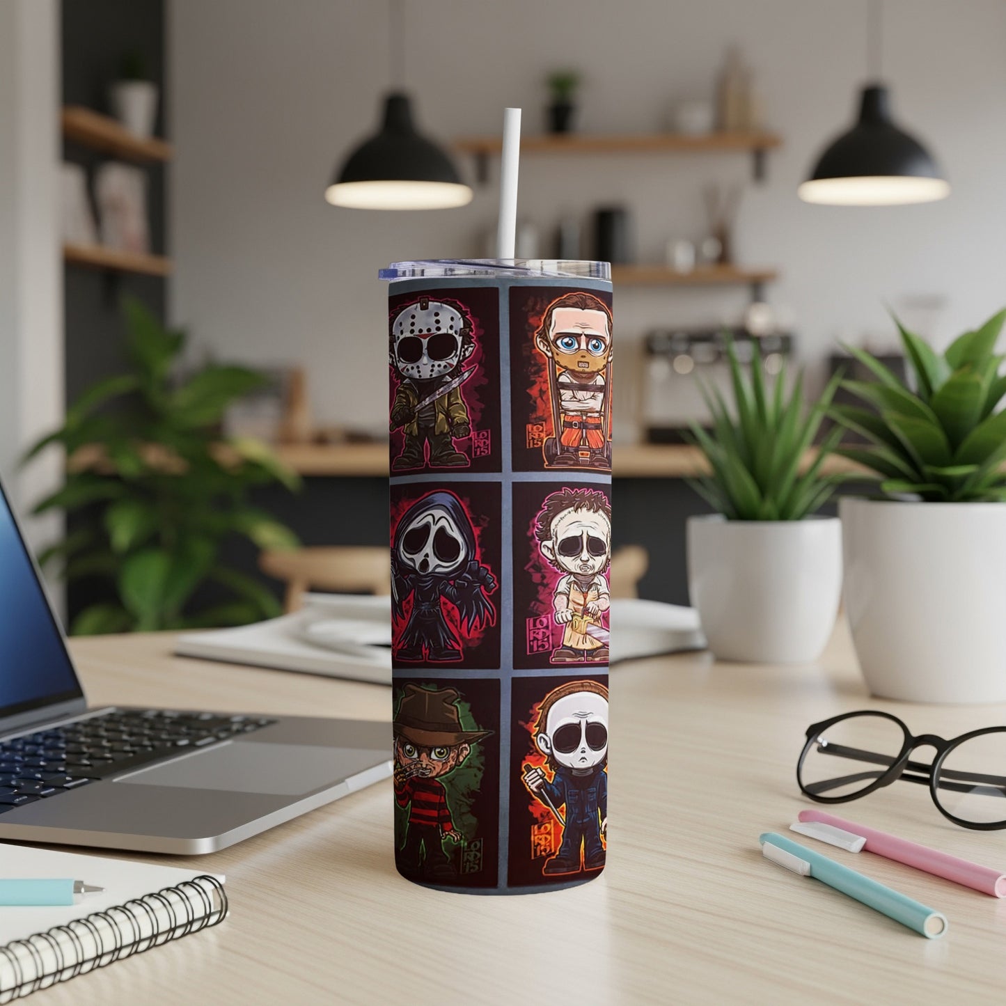 Tumbler featuring six horror movie villains in a chibi art style.