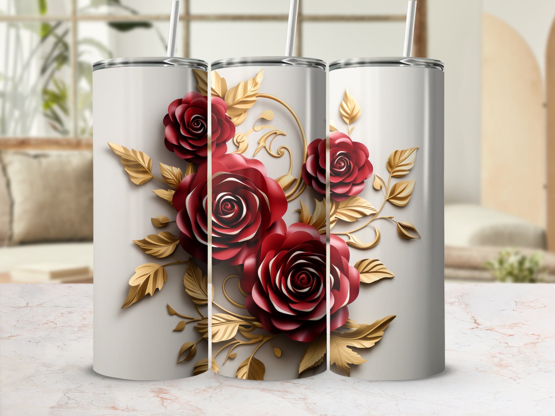 White tumblers with realistic red roses and gold leaves.