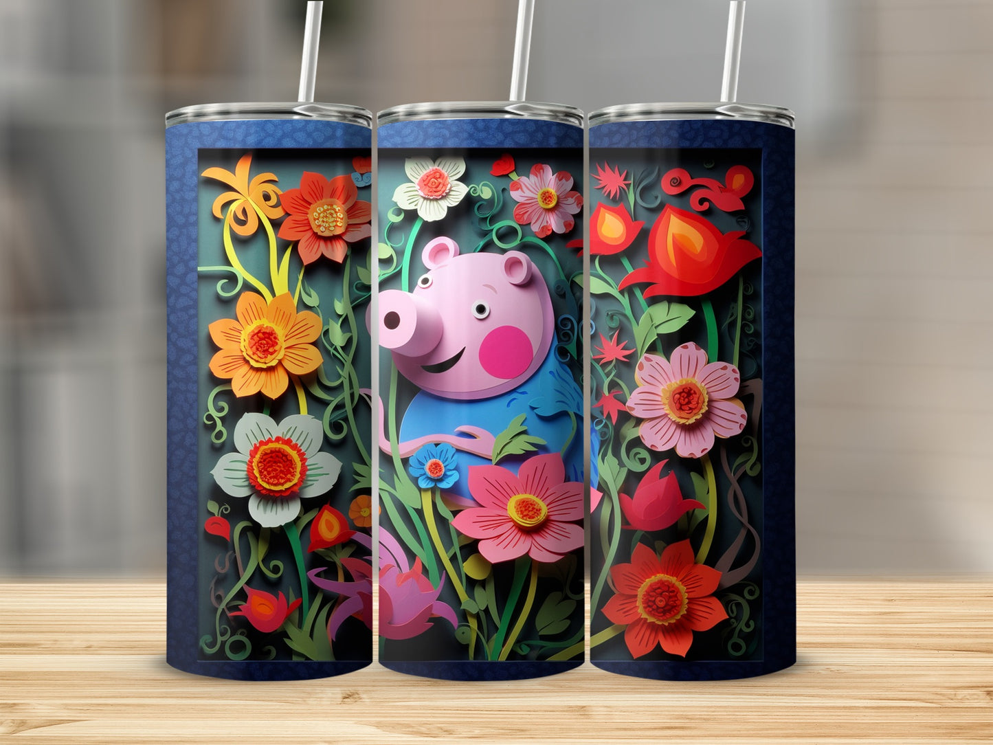 Peppa Pig with Colorful Floral Background Tumbler