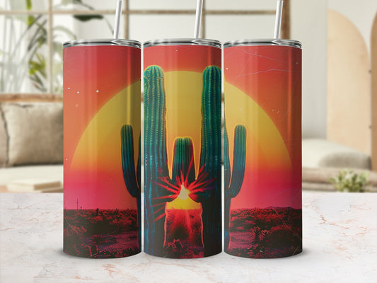 Three tumblers with sunset desert cactus graphic.