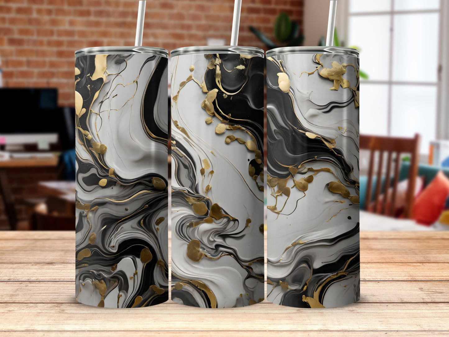 Gold black white marble swirl abstract tumbler product type