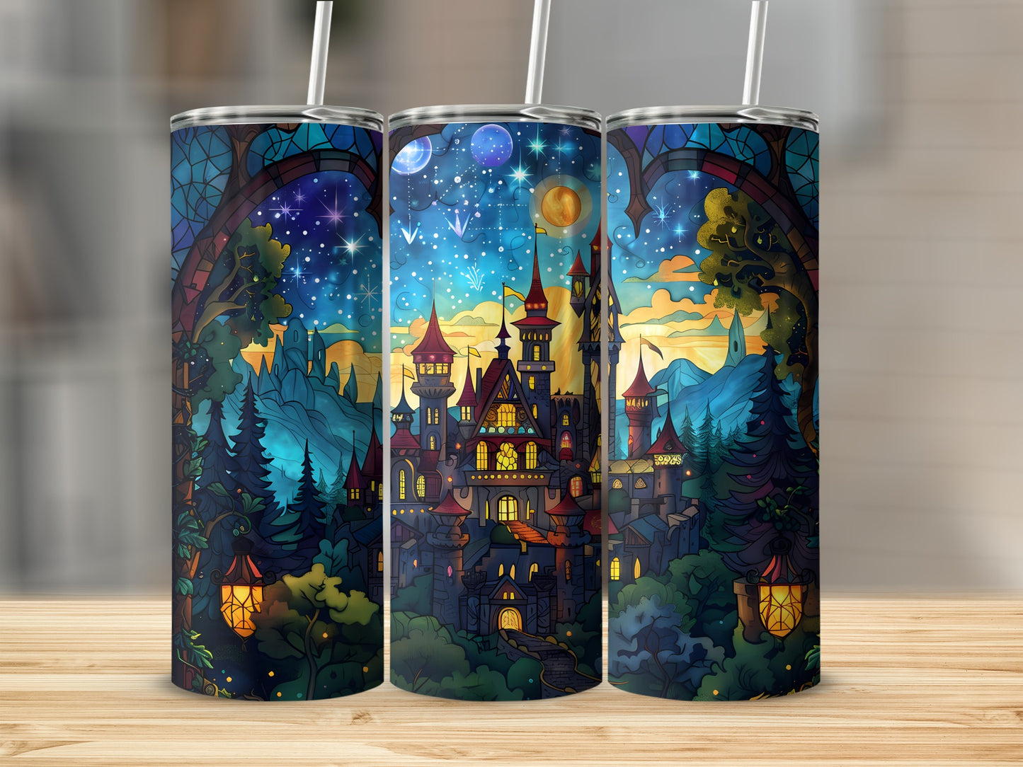 Three tumblers featuring a whimsical castle with a starry night sky.