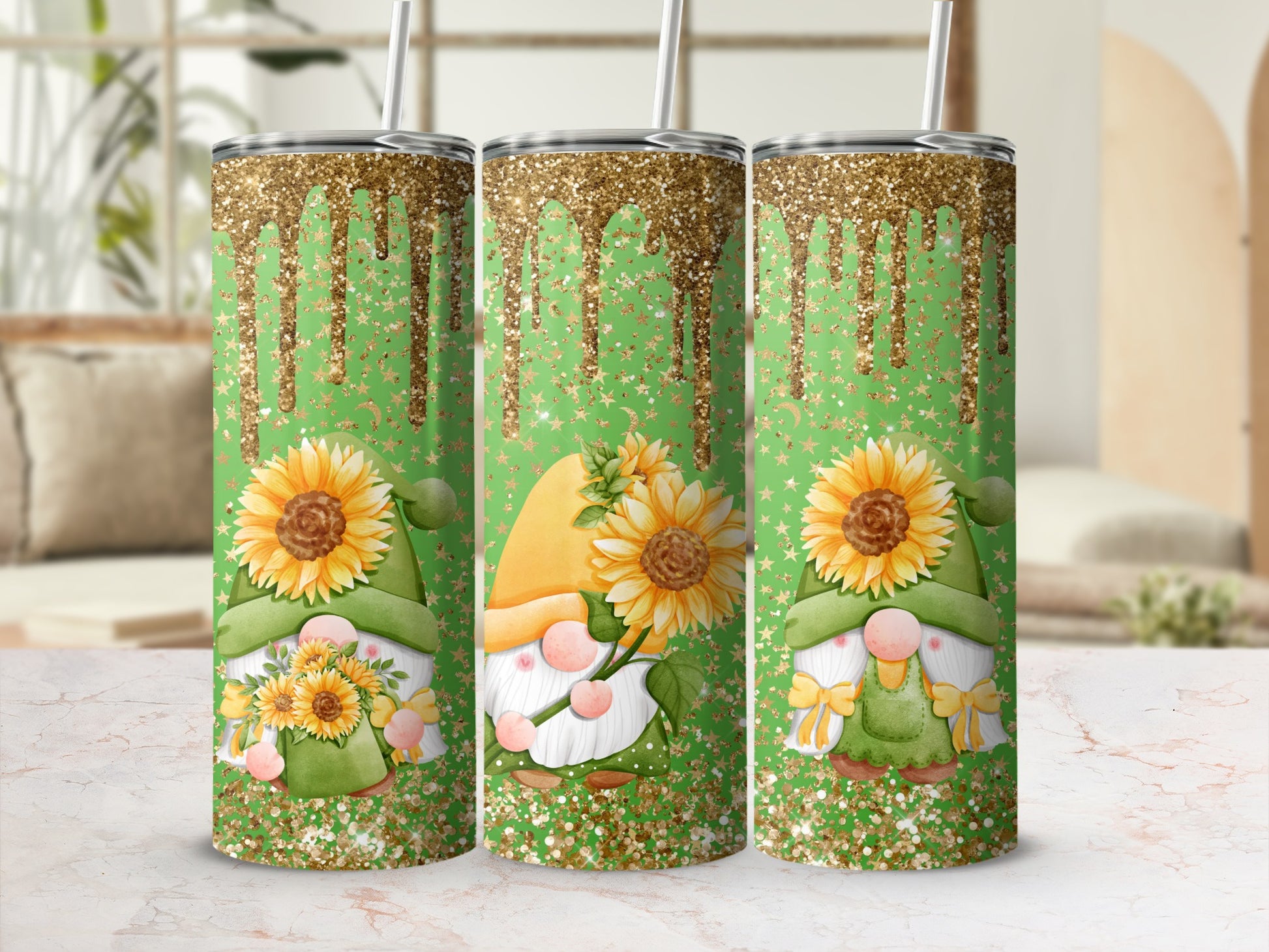 Sunflower Gnome Glitter Tumbler Cup 20oz Flask