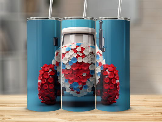 Tractor with red, white, and blue floral patterns on a blue background.