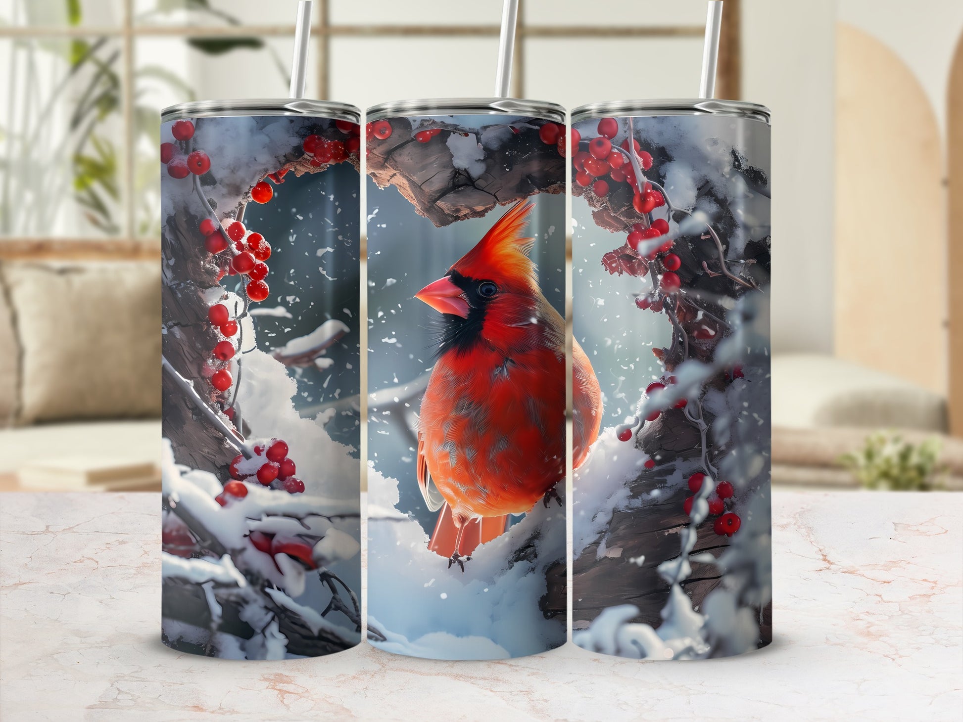 Red cardinal perched on snow-covered branch with red berries.