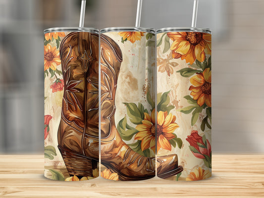 Brown cowboy boot with sunflowers and floral accents on a tumbler.