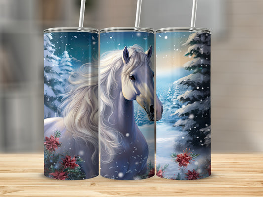 White horse in snowy forest with poinsettias, on three tumblers.