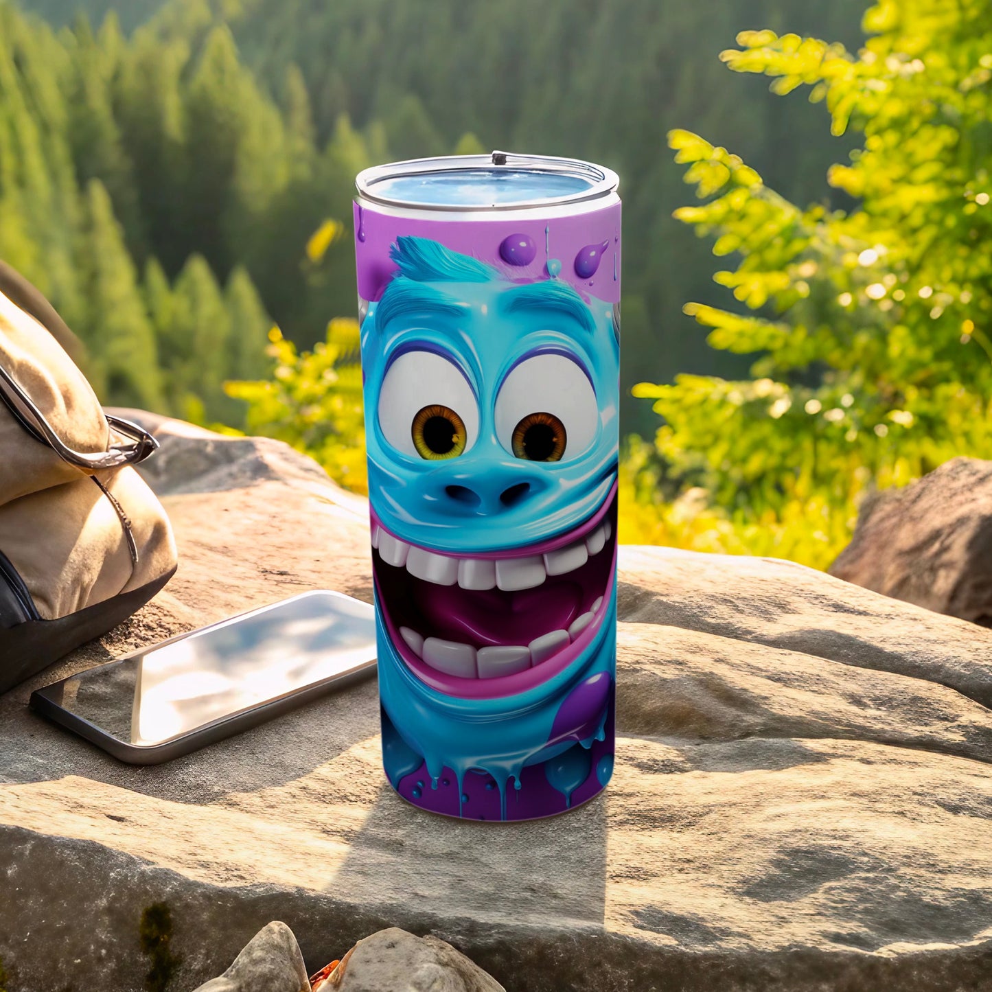 Playful Blue Cartoon Monster Face Tumbler Cup