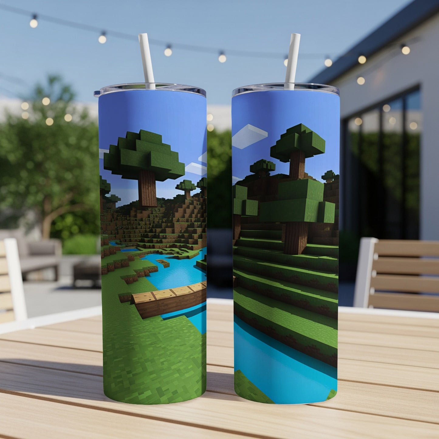 Two Minecraft-themed tumblers with pixelated trees and water on a table.