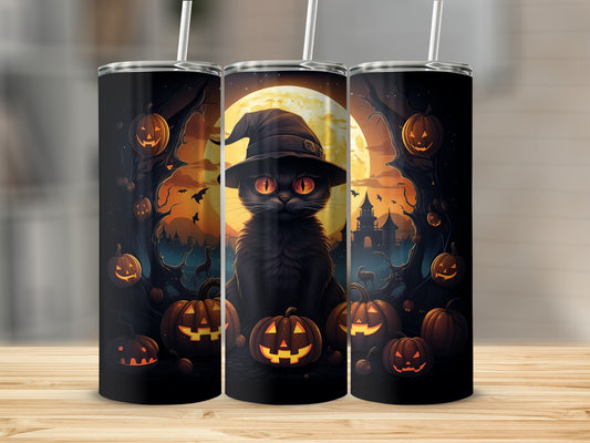 Halloween Cat with Pumpkins Full Moon Tumbler