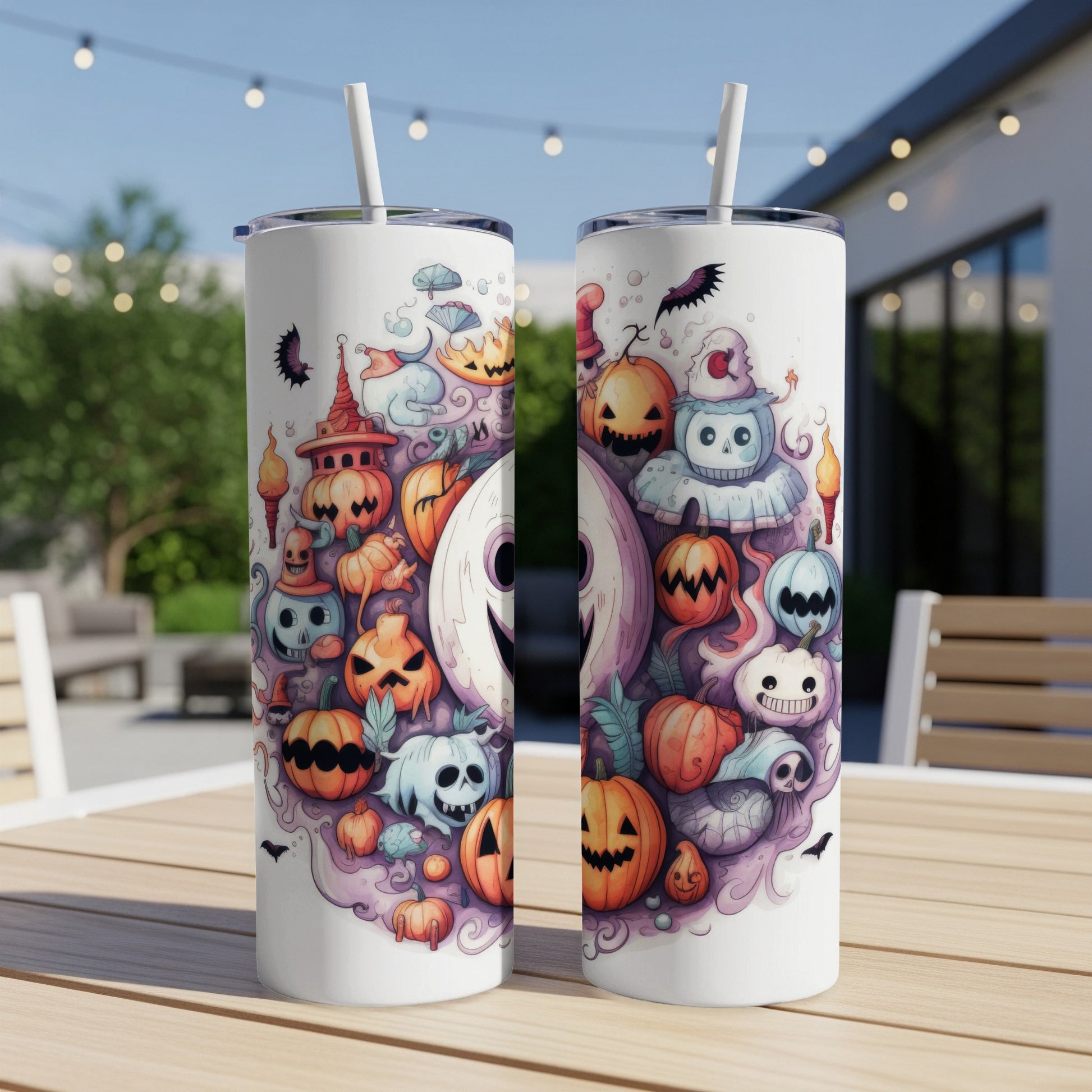 Two tumblers with cartoon Halloween characters including pumpkins, ghosts, and bats.
