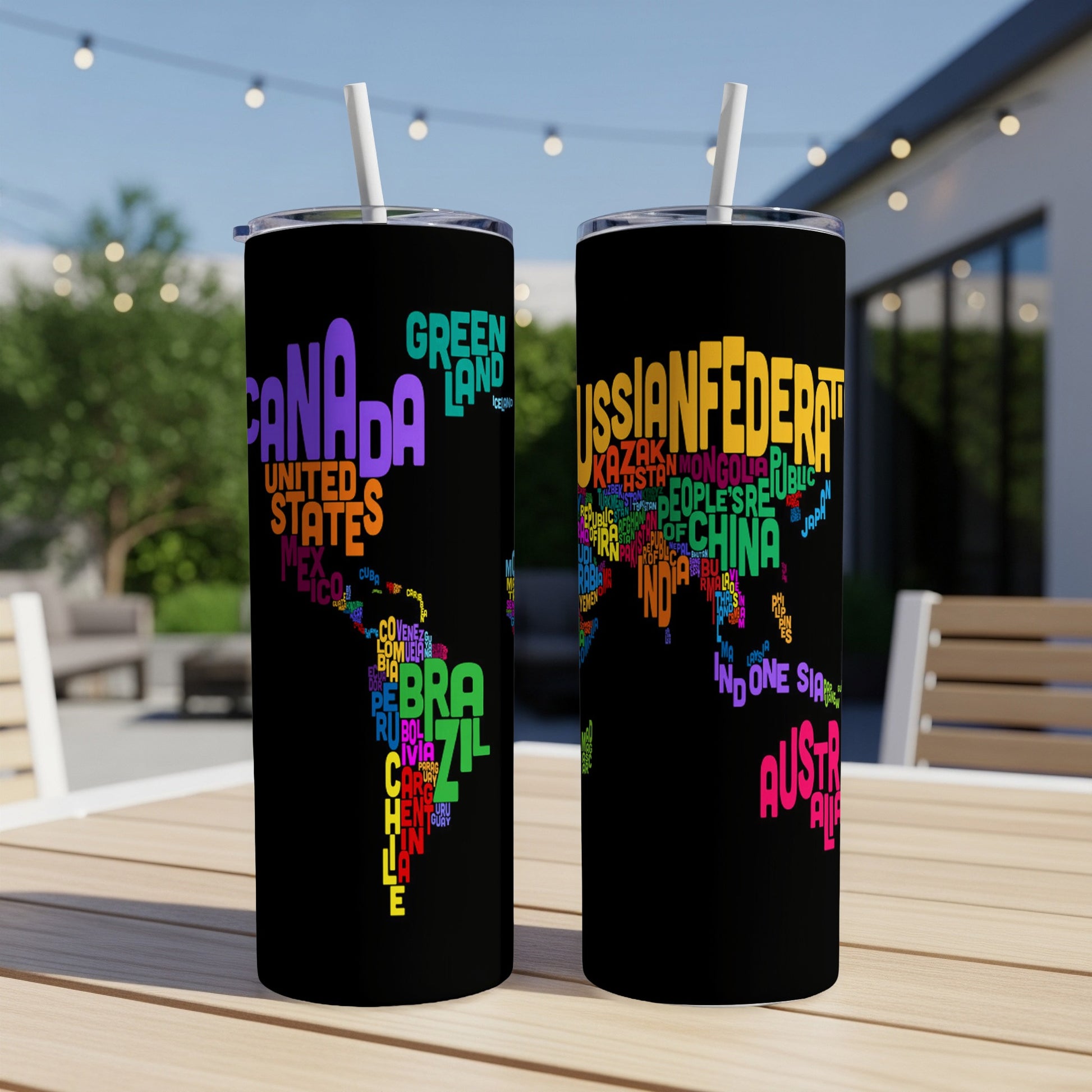 Two black tumblers with a world map made of colorful country names.