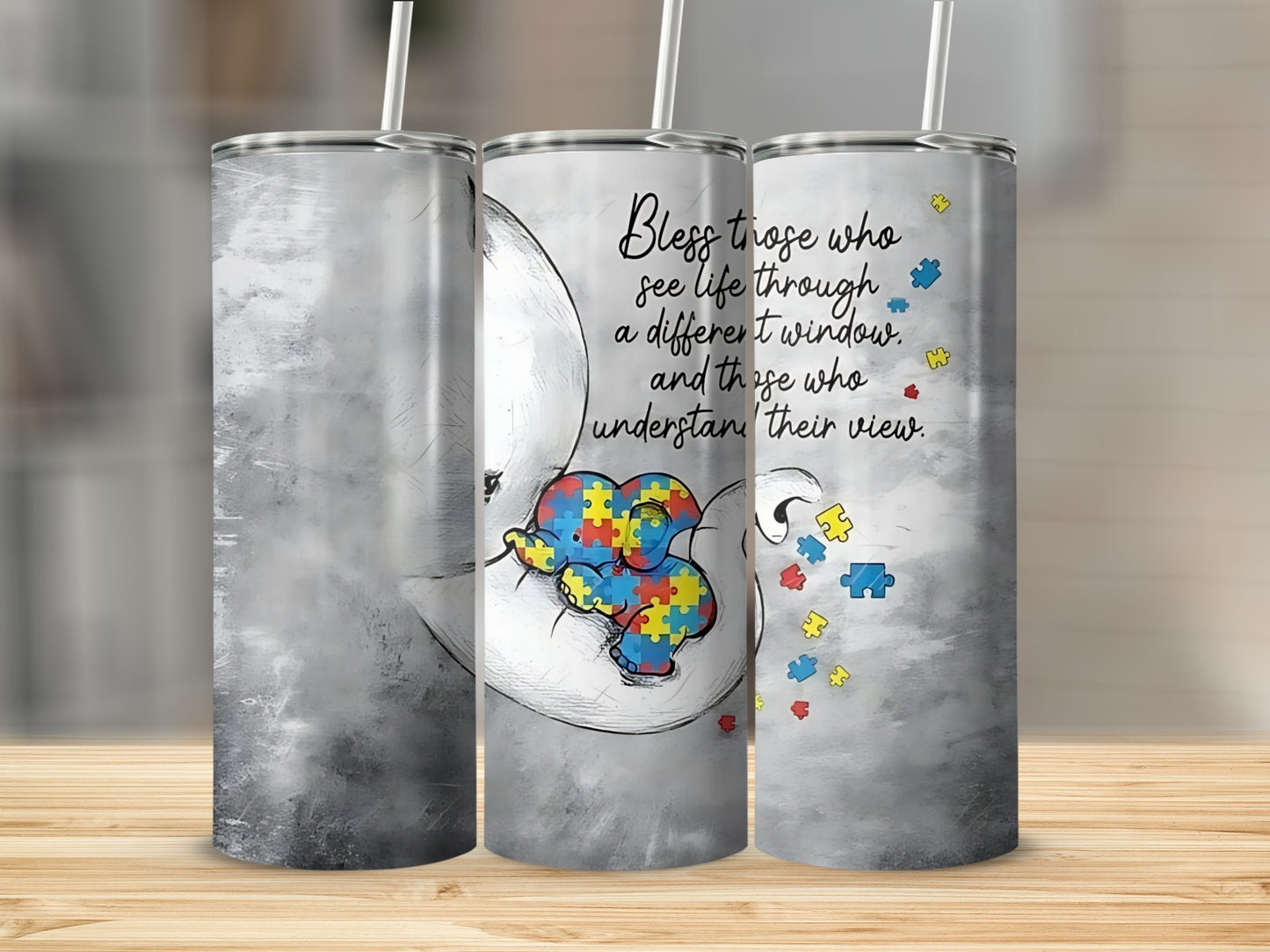 Autism Awareness Elephant Tumbler With Puzzle Pattern