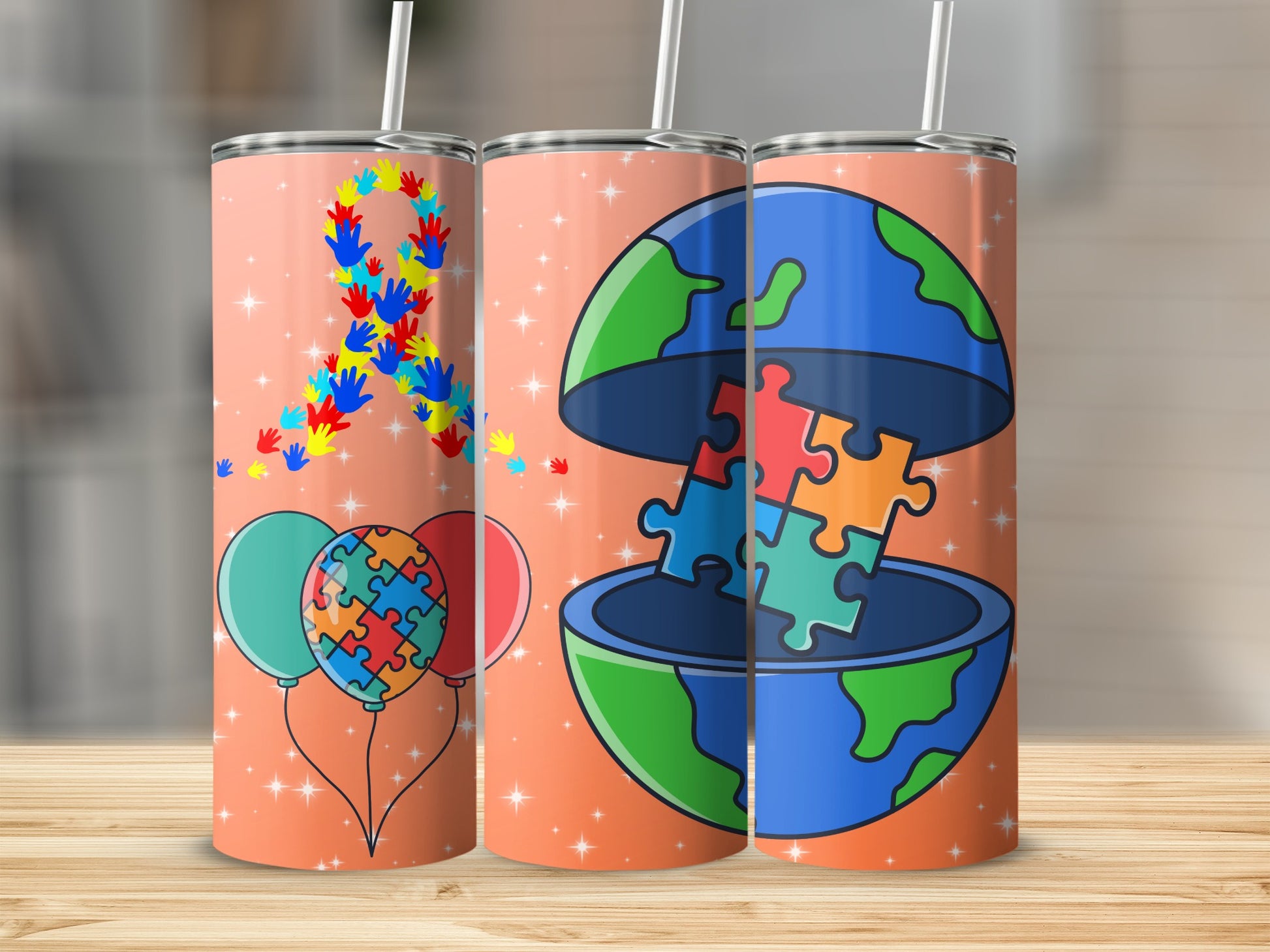 Colorful Autism Awareness Puzzle Earth Tumbler