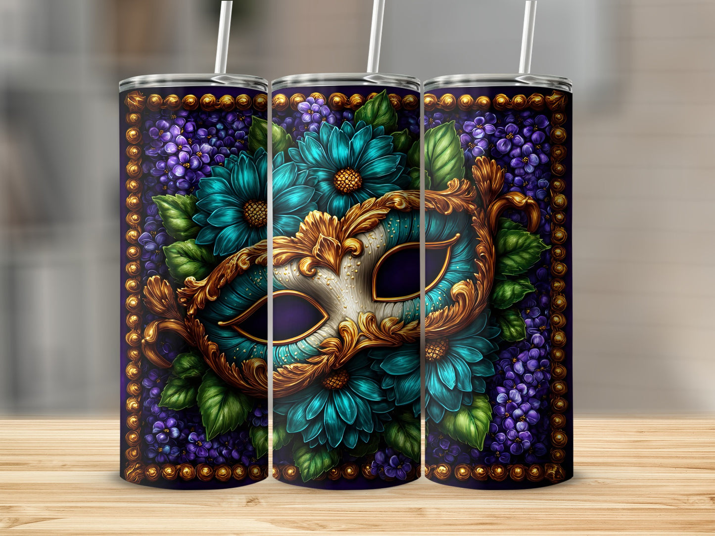 Elegant Floral Mask Artwork Tumbler for Stylish Sipping