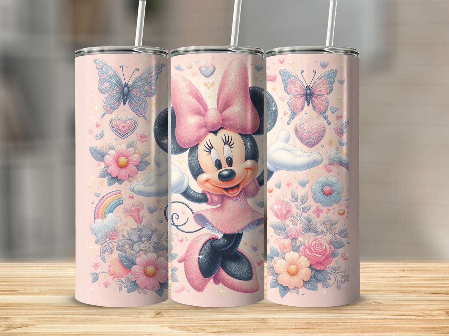 Minnie Mouse Themed Tumbler with Pastel Butterflies