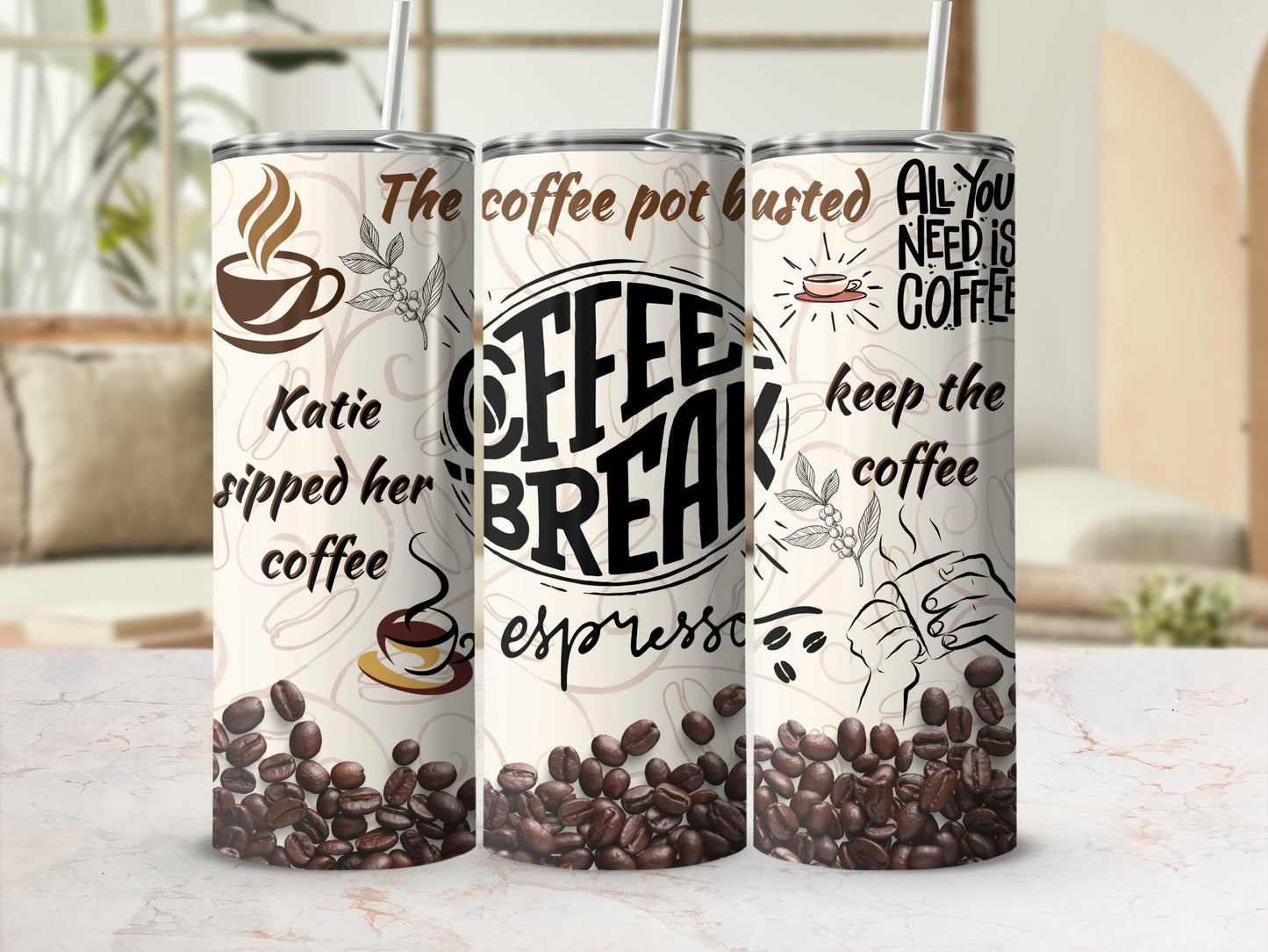 Coffee Design Tumblers with Coffee Beans and Quotes