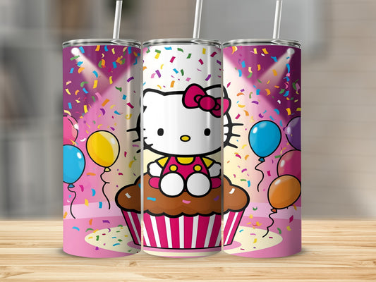 Hello Kitty on a cupcake with balloons and confetti on a tumbler.