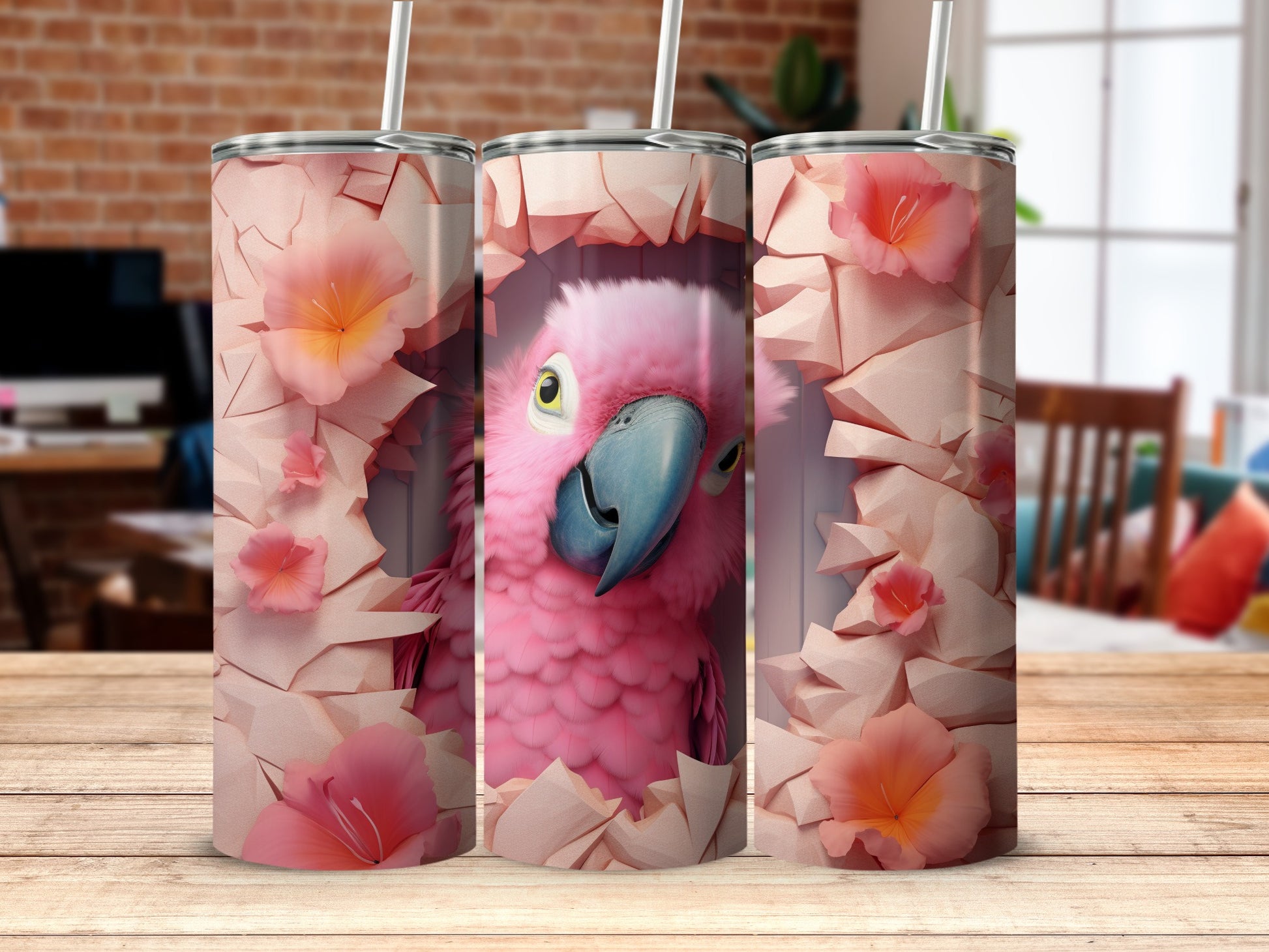 Pink Parrot Flower Cracked Wall Design Tumbler product type
Pink parrot, Parrot design, Tropical bird, Cockatoo art, Pink plumage, Blue beak, Floral pattern, Pink flowers, Hibiscus flower, Cracked wall, Broken effect, Unique tumbler, Custom drinkware, Skinny tumbler, Tumbler art, Beverage holder, Gift idea, Vibrant design, Cute bird, Pop art style