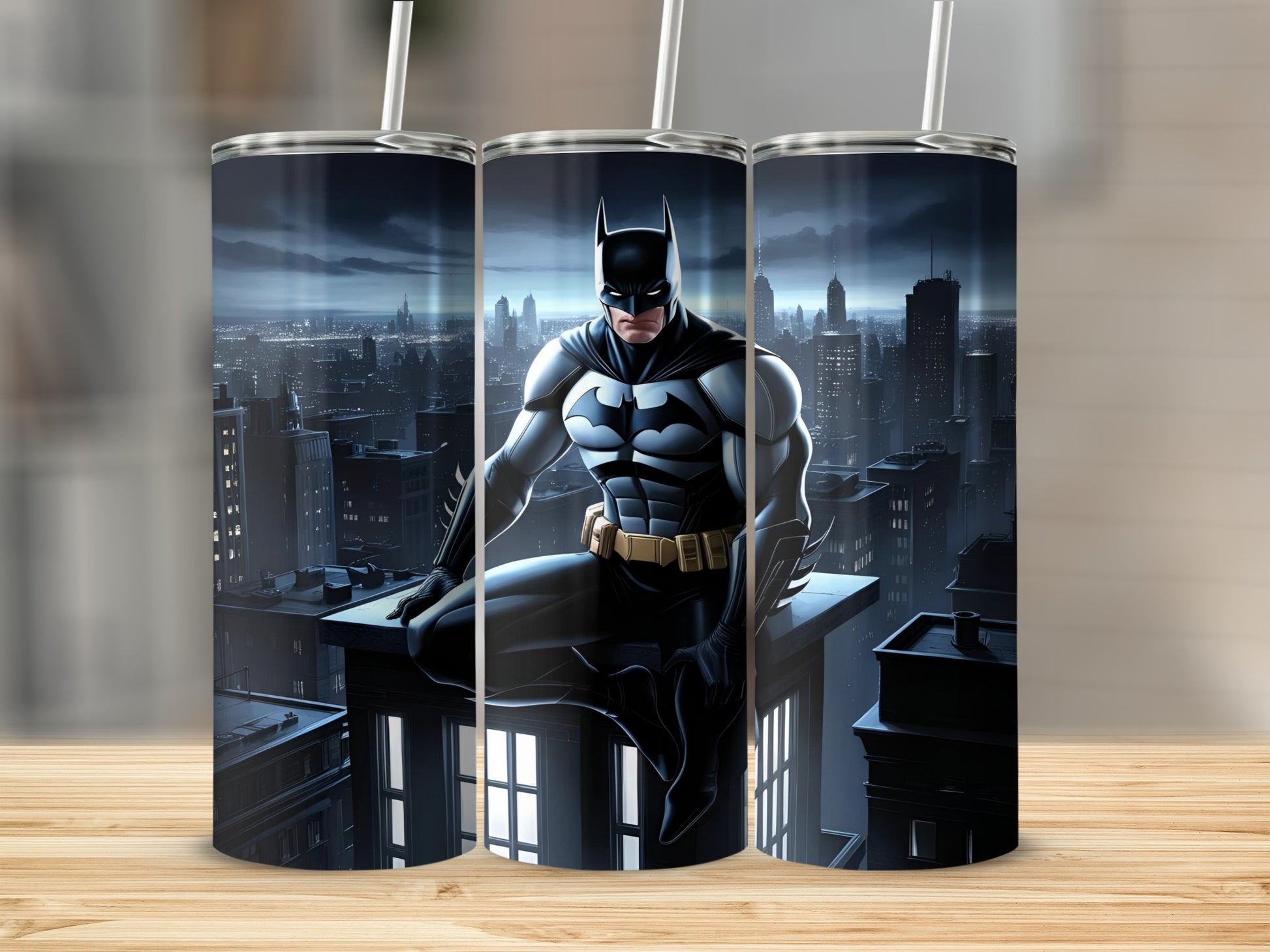 Batman sitting on a building rooftop overlooking a cityscape at night.