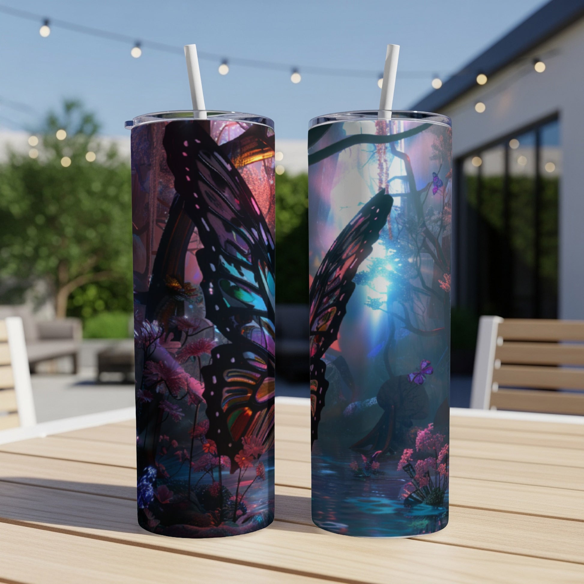 Two tumblers featuring iridescent butterfly wings and mystical forest scenes.