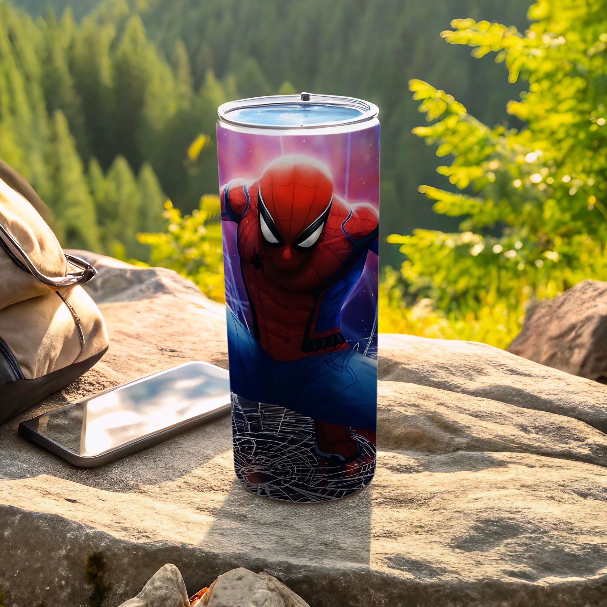 Vibrant Superhero Tumbler with Forest Background Design