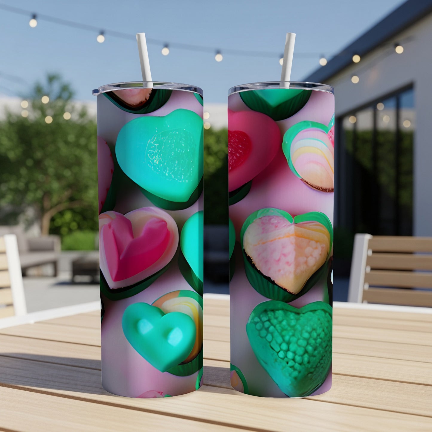 Two tumblers with pink and green heart patterns on a table outdoors.
