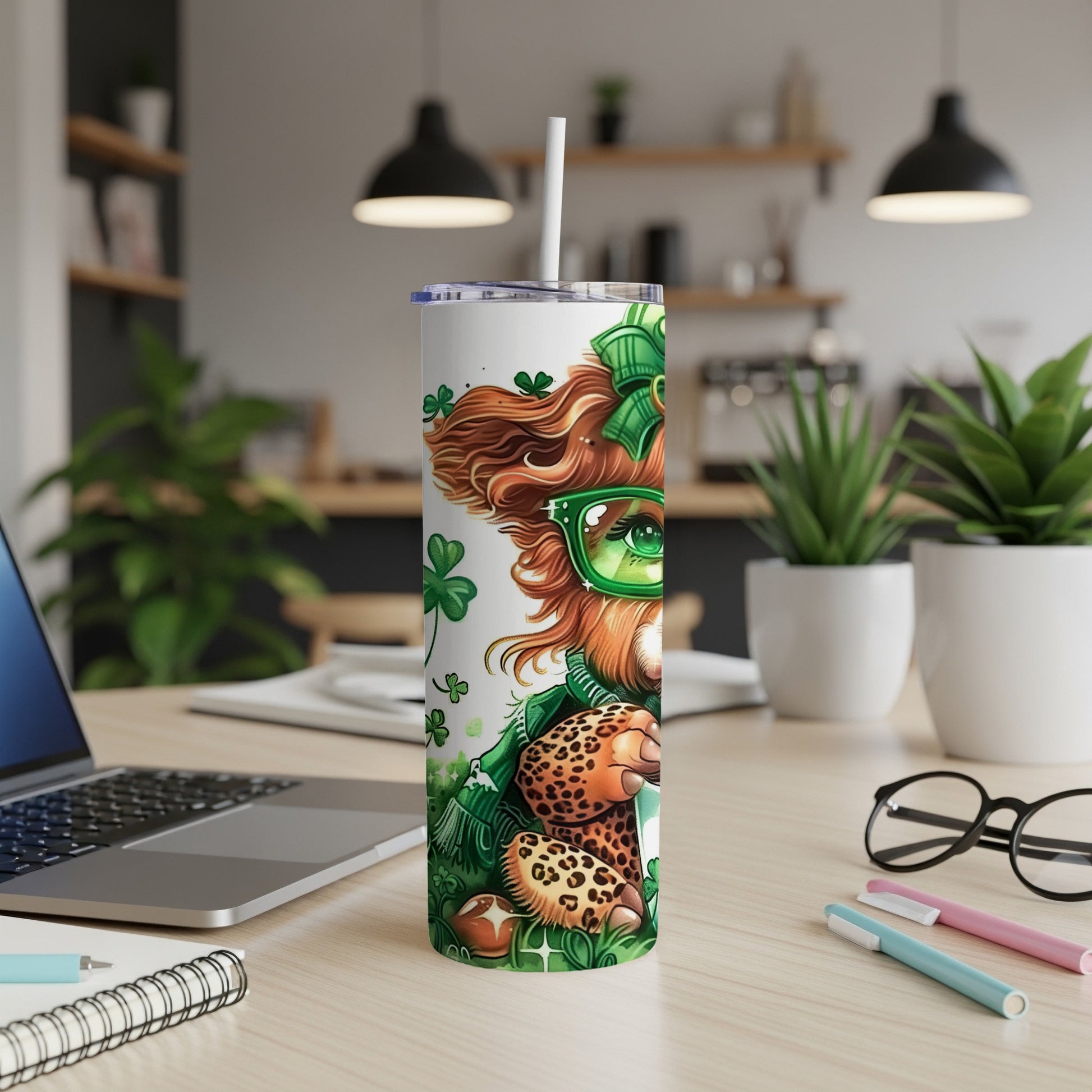 Leprechaun bear tumbler with shamrocks and leopard print accents.