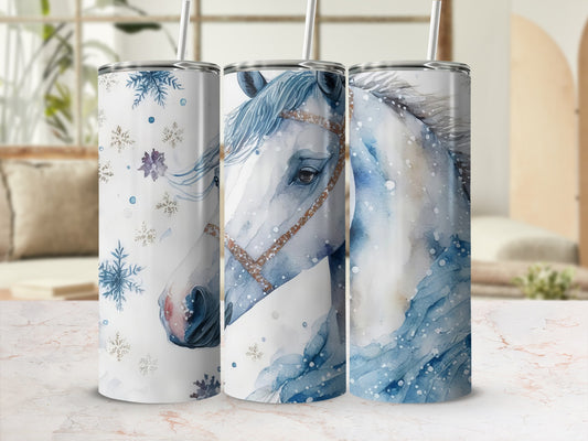 Watercolor horse with snowflakes on a blue and white tumbler.