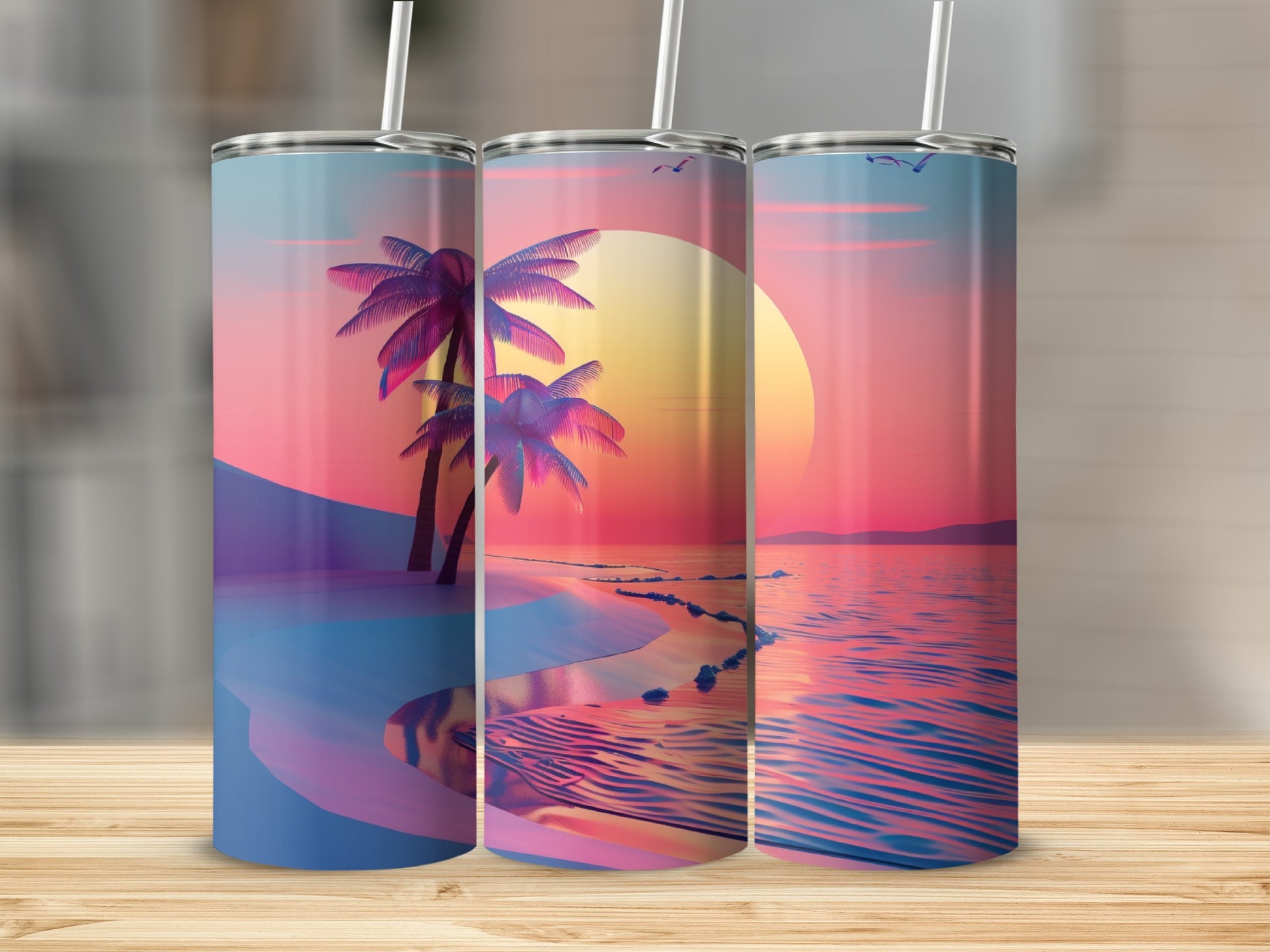 Three tumblers with a sunset beach scene featuring palm trees and water.