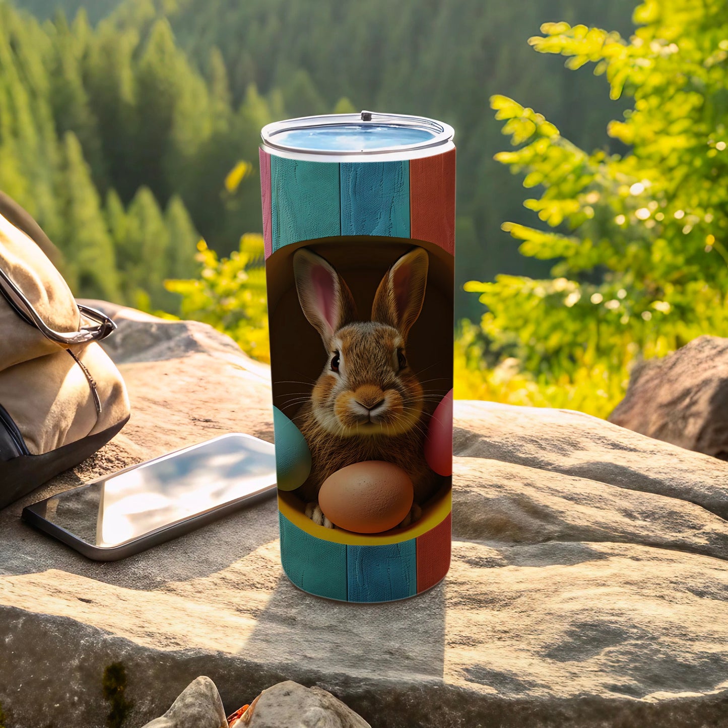 Bunny in wooden arch with Easter eggs on a tumbler.