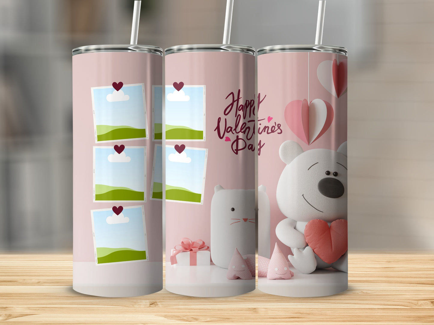 Three tumblers with Valentine's Day designs: photo frames, text, and a bear.