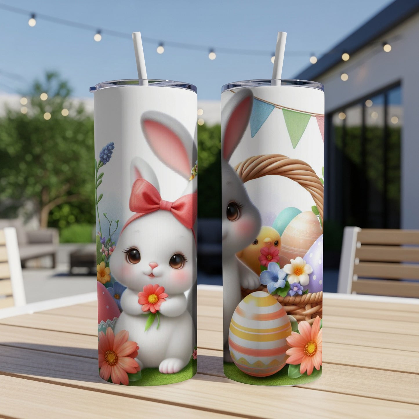 Easter bunny with flowers and painted eggs on a white tumbler.