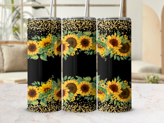 Black tumbler with sunflowers and gold glitter border.