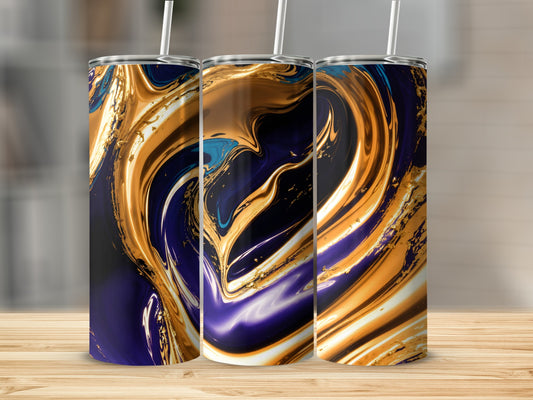 Three tumblers with swirling gold, purple, and blue abstract paint design.