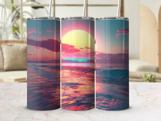 Sunset over ocean waves, colorful sky, with three tumblers.