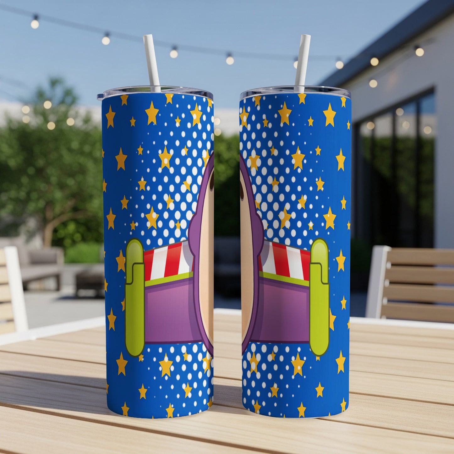 Buzz Lightyear tumbler with stars and dots on blue background.