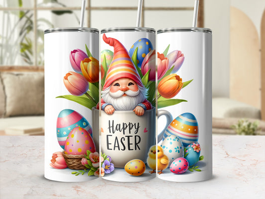 Easter gnome peeking from mug with tulips, eggs, and chicks.