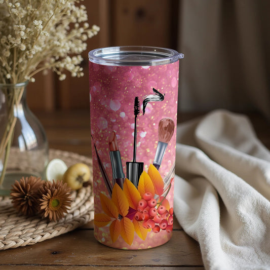 Makeup Themed Insulated Tumbler with Floral Design