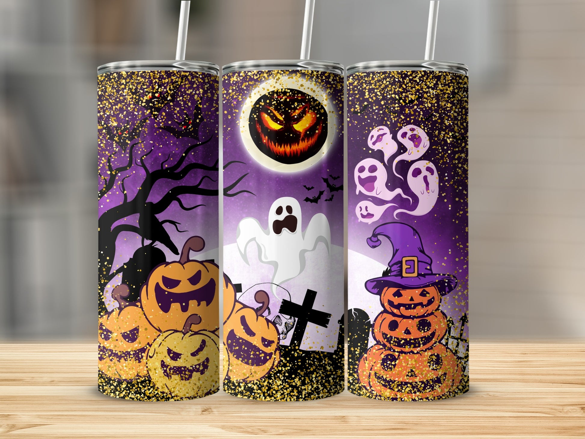 Spooky Halloween Themed Tumbler with Ghosts and Pumpkins