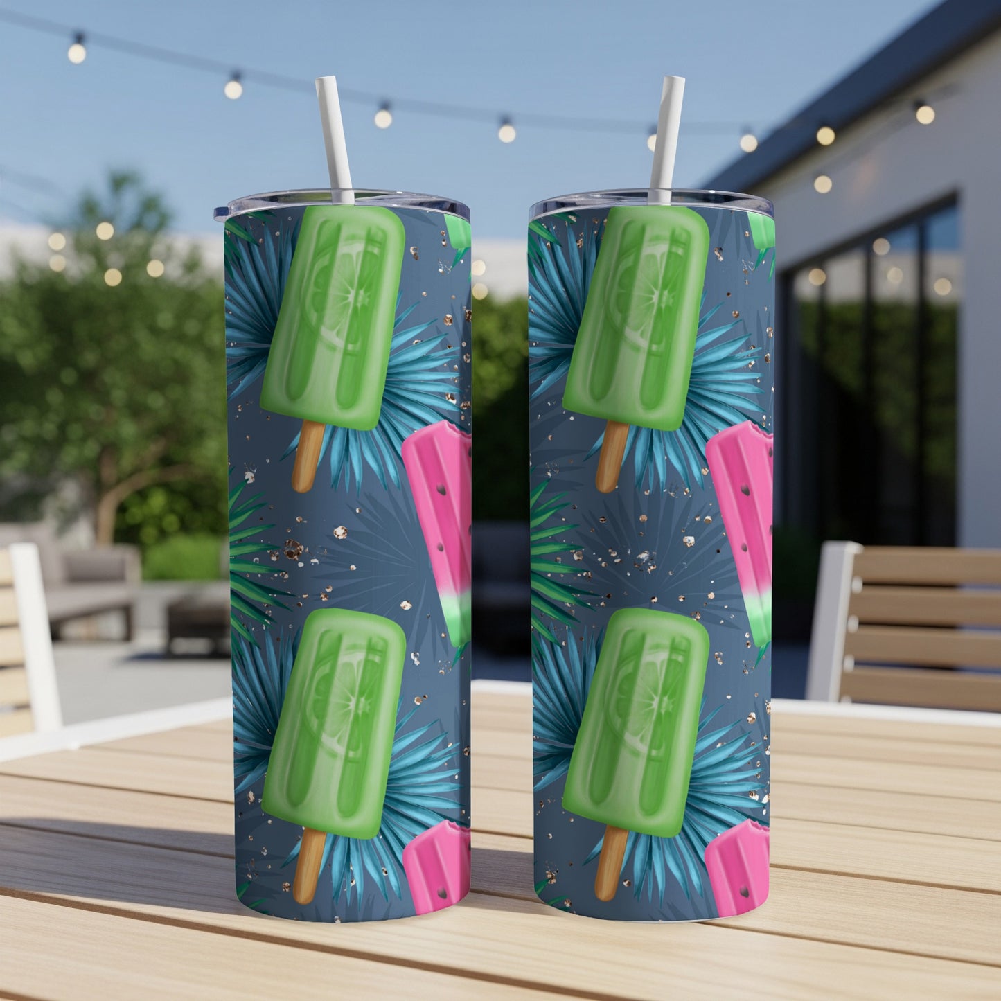 Two tumblers with lime popsicle and palm leaf pattern.