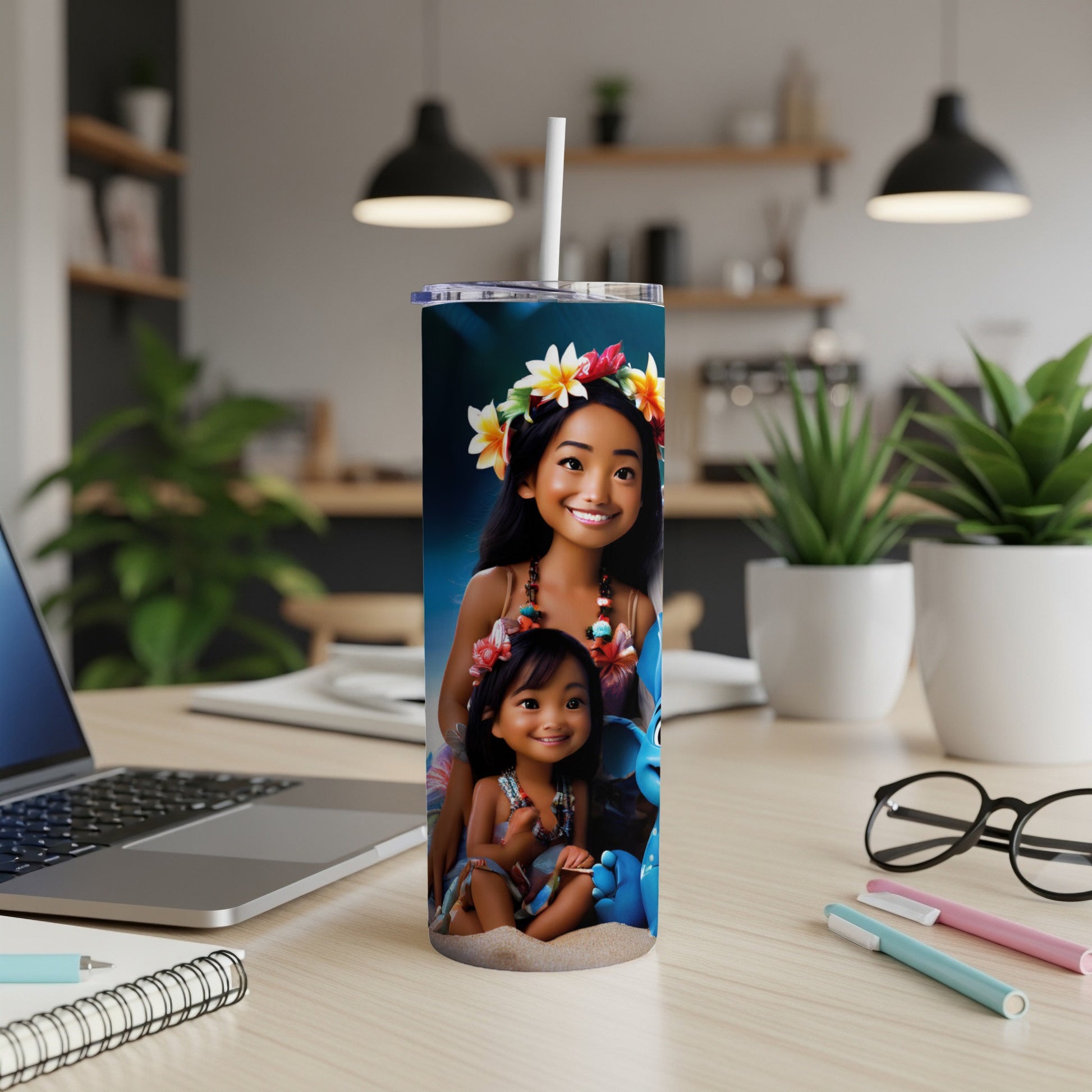 Moana and Pua illustration on a tumbler with a straw.