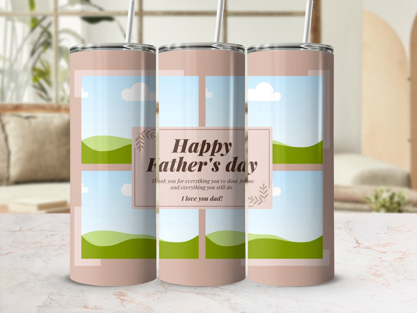 Pink tumbler with "Happy Father's Day, I love you dad!" text and landscape graphics.