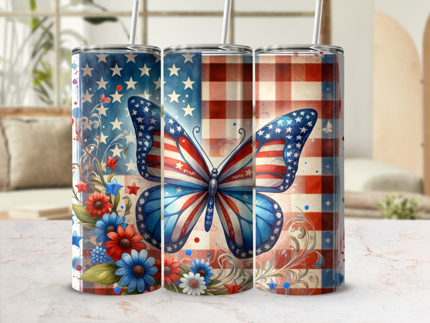 Tall tumbler with patriotic butterfly, stars, and floral designs.