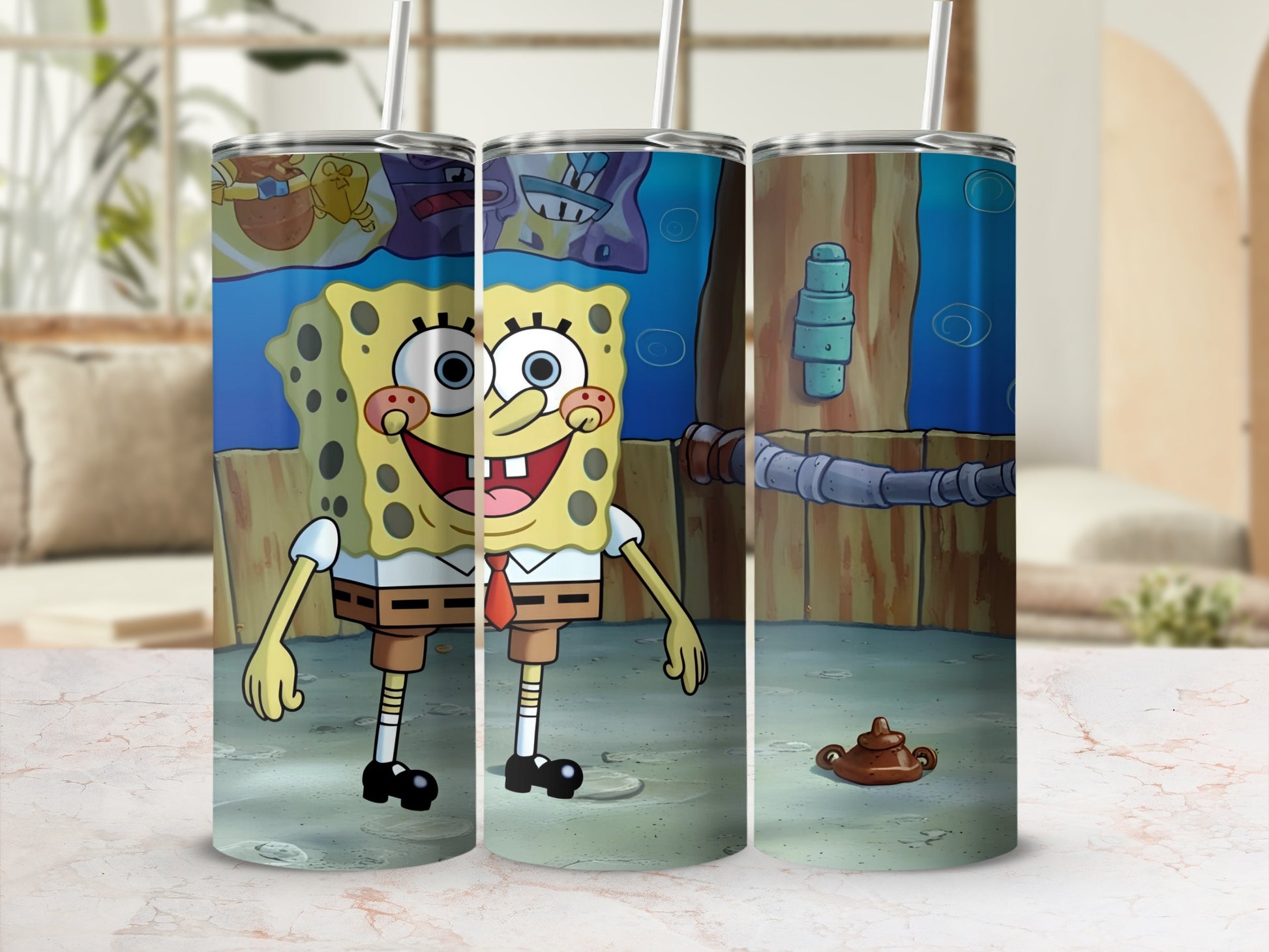 SpongeBob SquarePants character in Bikini Bottom setting on tumbler.