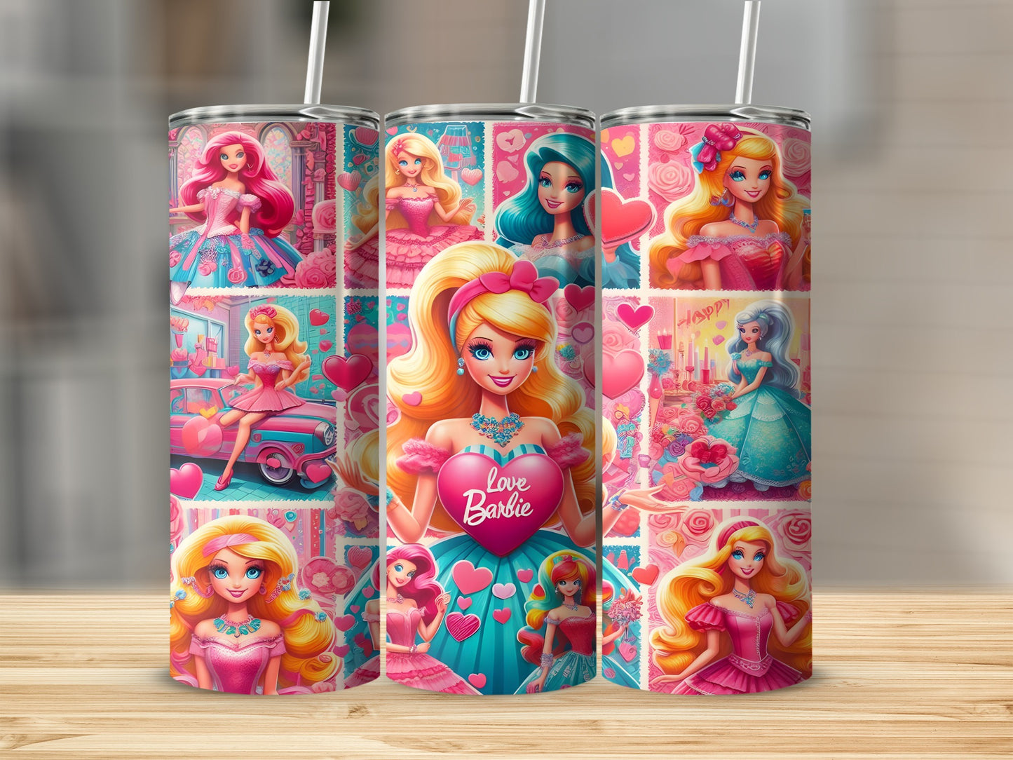 Collage of Barbie dolls in pink dresses with hearts and flowers, "Love Barbie" text.