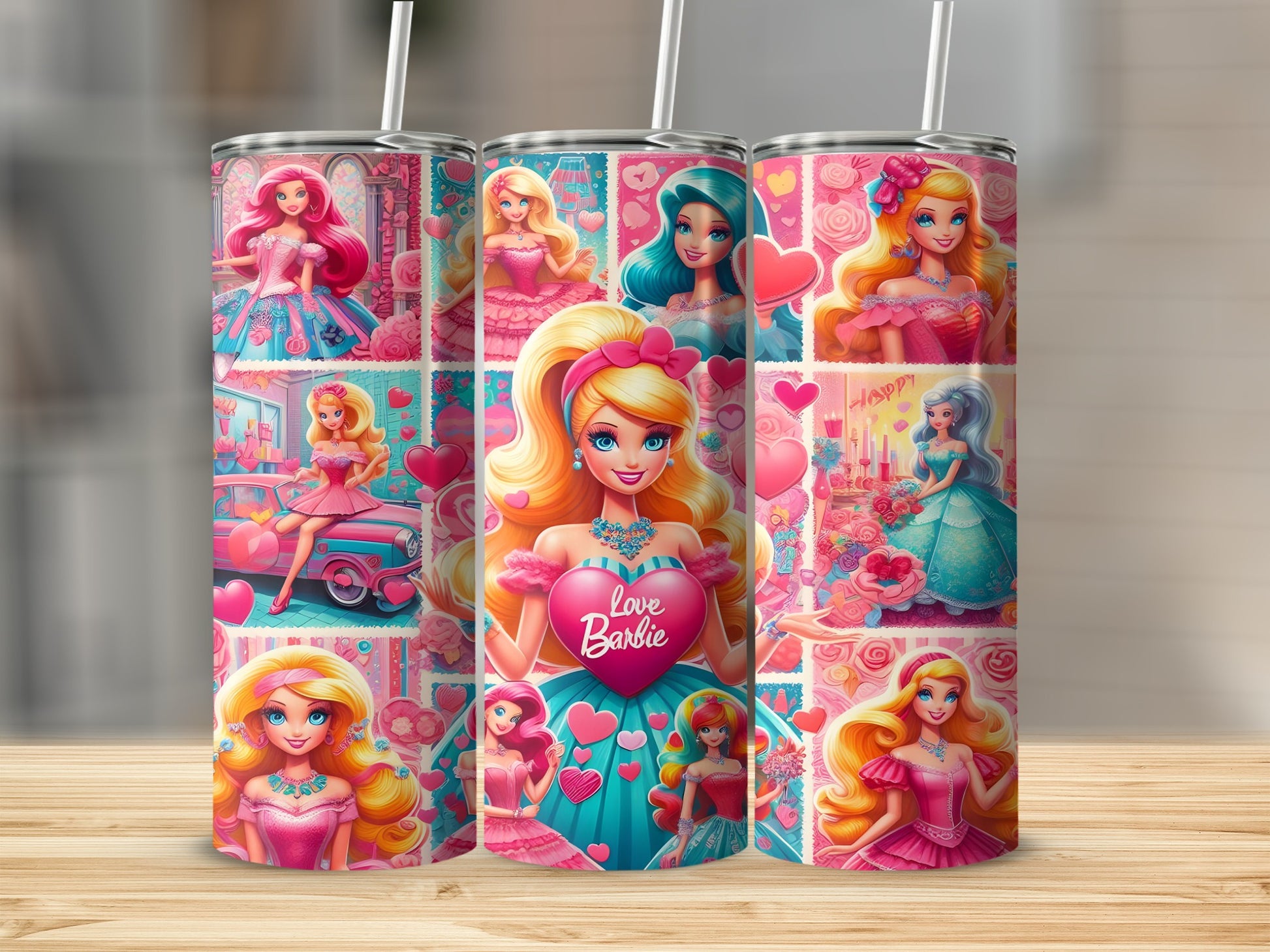Collage of Barbie dolls in pink dresses with hearts and flowers, "Love Barbie" text.