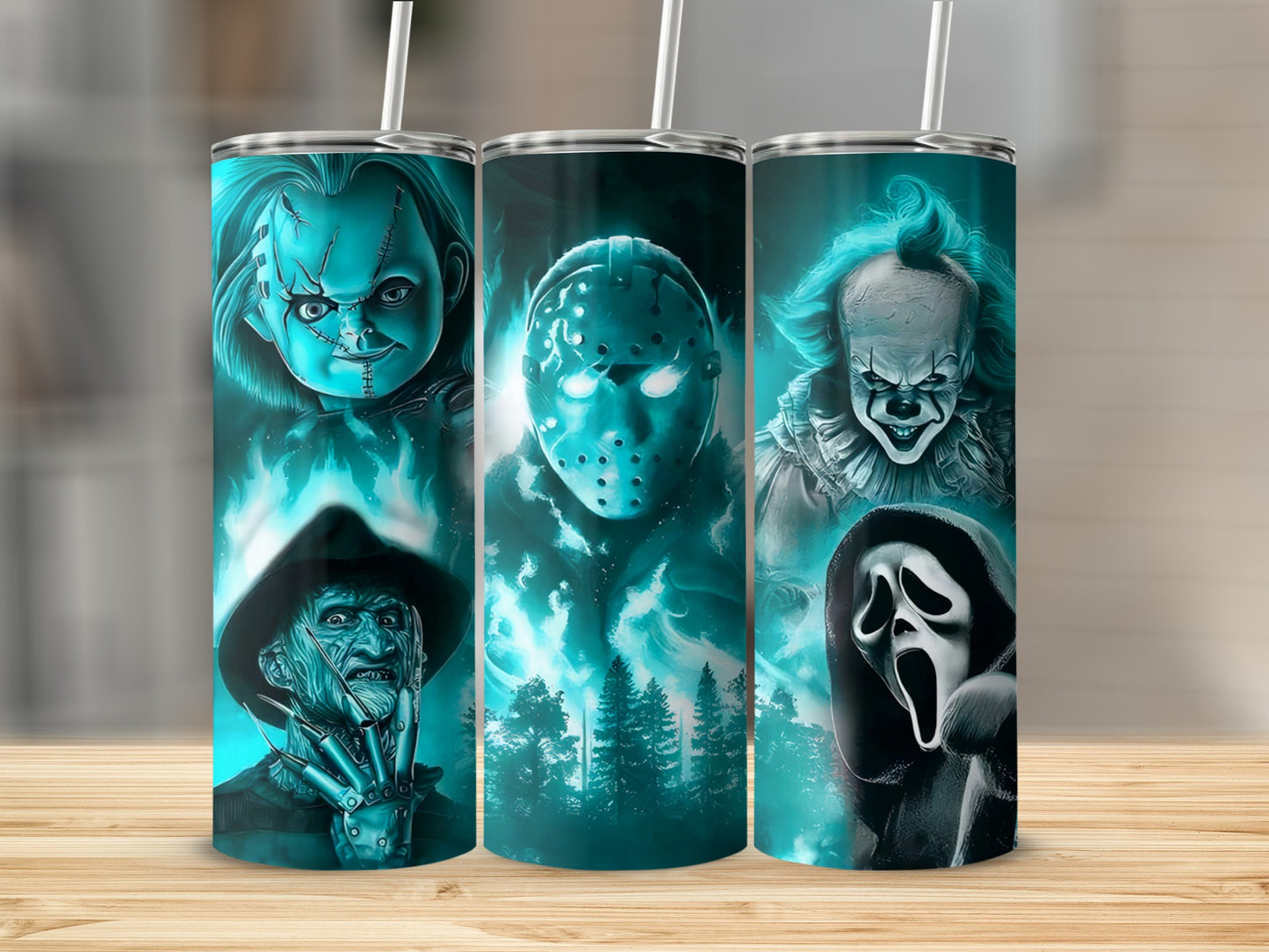Tumblers featuring Chucky, Freddy Krueger, Jason Voorhees, Pennywise, and Ghostface.