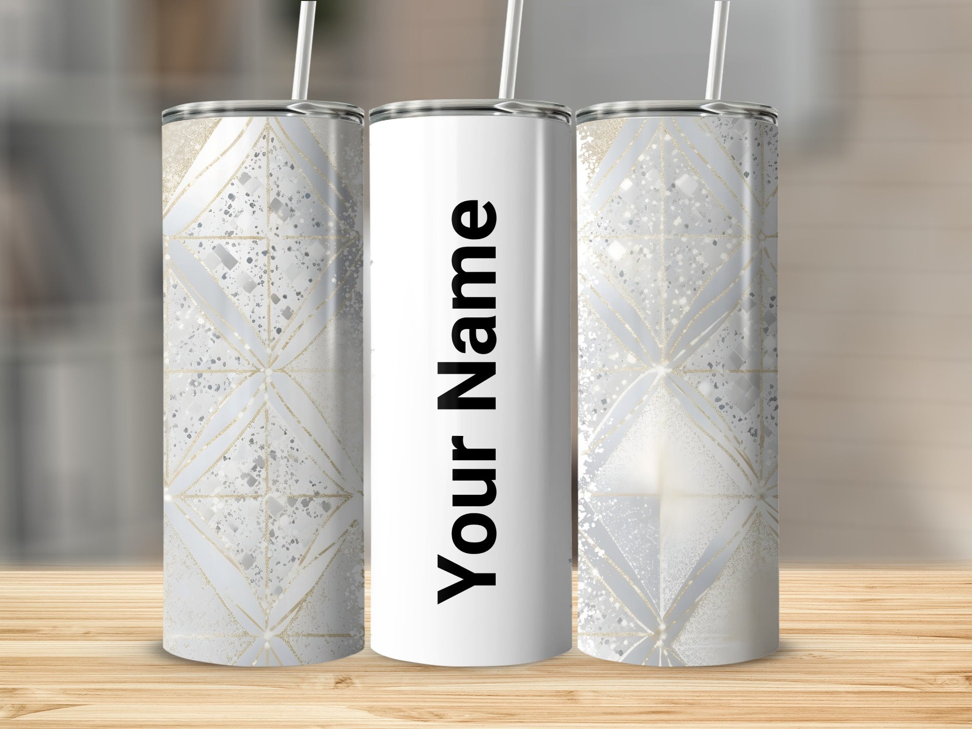Personalized Glitter Gray and Silver Geometric Tumbler